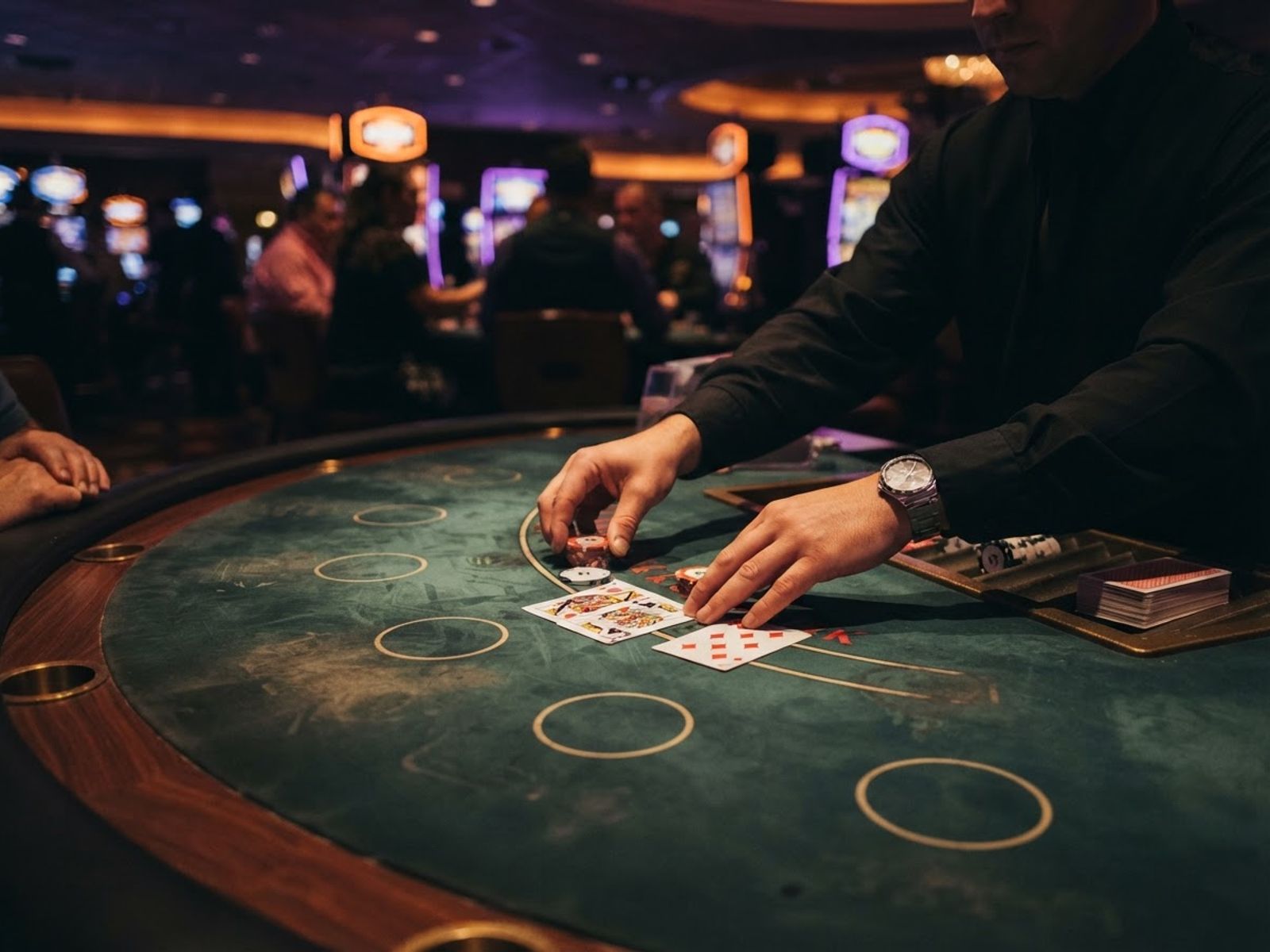 Croupier posant des cartes et des jetons sur une table de blackjack