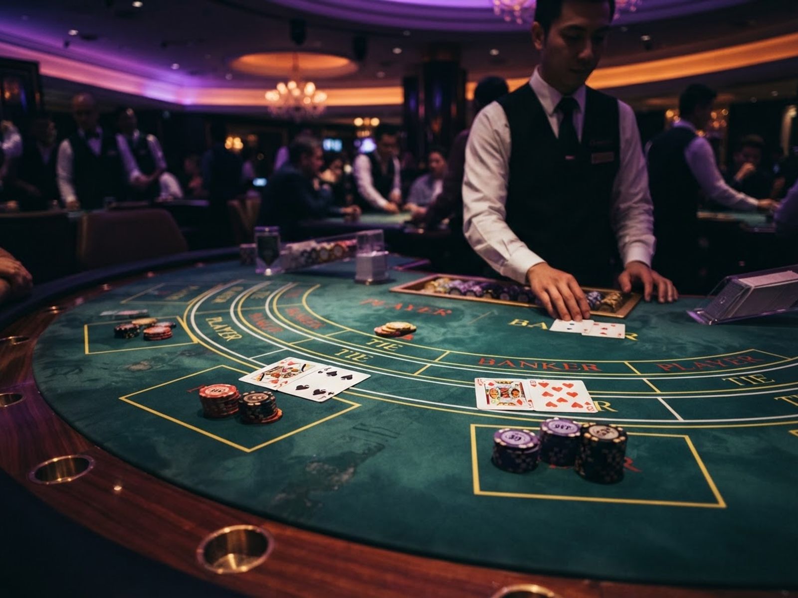 Cartes et jetons disposés sur une table de baccarat