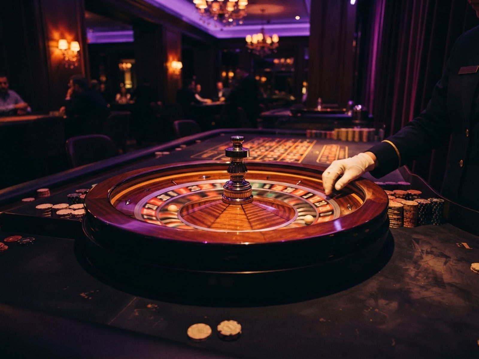Roue de roulette en mouvement sur une table de casino avec la main du croupier