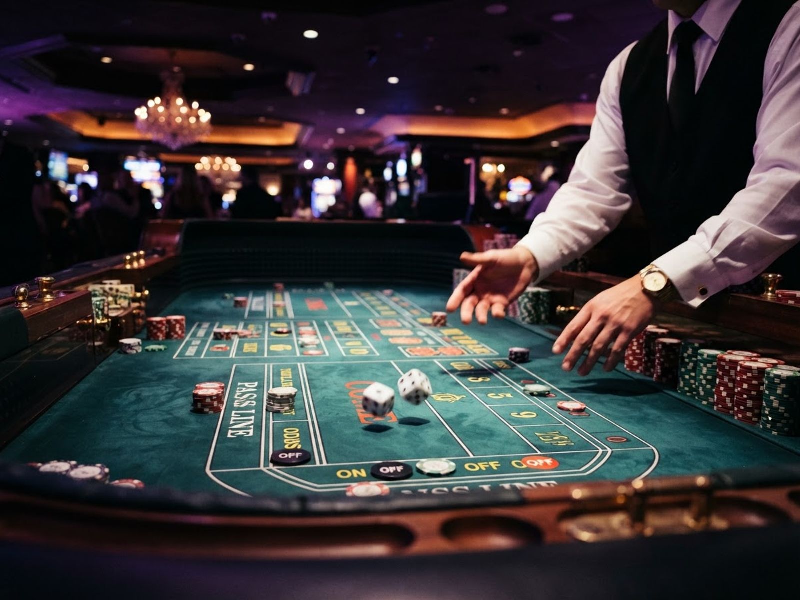 Dés roulant sur une table de craps avec les mains du croupier