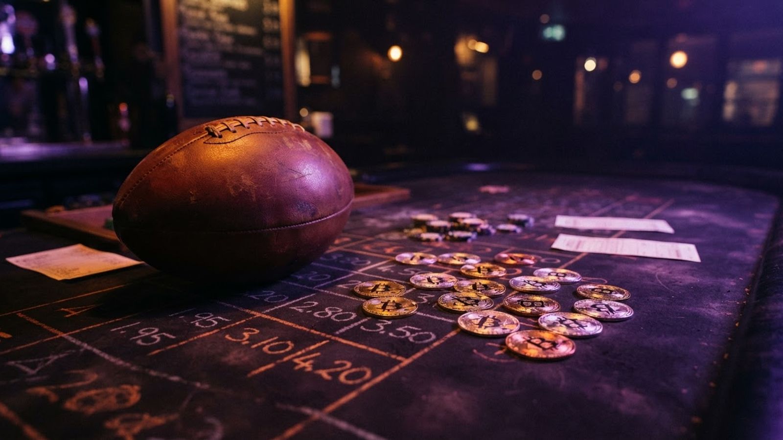 Pièces de bitcoin et ballon de football sur une table de jeu sombre